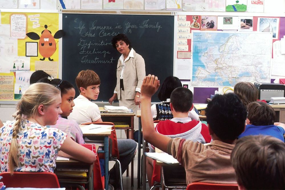 Teacher with students in a classroom